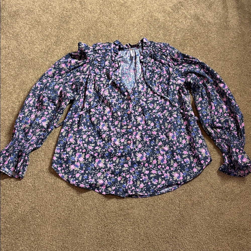 Free People Black Blouse with Pink Floral Print
